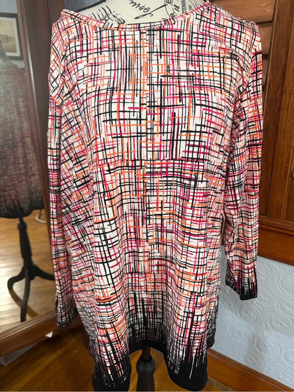 Investments Multicolor Grid-Print Tunic — Pink, Orange, Black, White